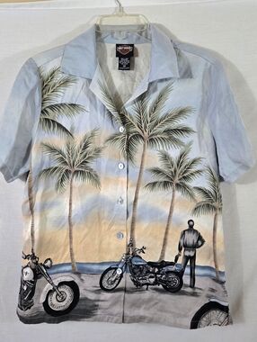 Harley Davidson Big Boy's Hawaiian Button Down Shirt Sz M **MEASURES LARGE**